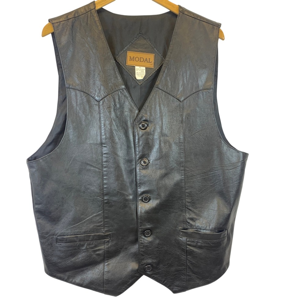 VTG Modal Mens Black‎ Leather Vest Size XL Biker Western Cowboy